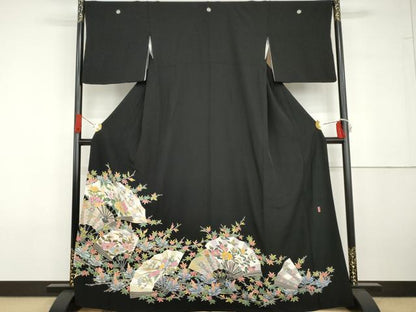 平和屋着物●本加賀友禅作家　高野富夫　黒留袖　扇面花松楓文　正絹　逸品　AABG6718cs