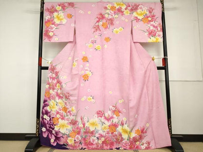 平和屋着物●Mami Seira Mika Syoko 訪問着　刺繍　草花文　暈し染め　金糸　金彩　暈し染め　金通し地　正絹　逸品　AABG6720cs
