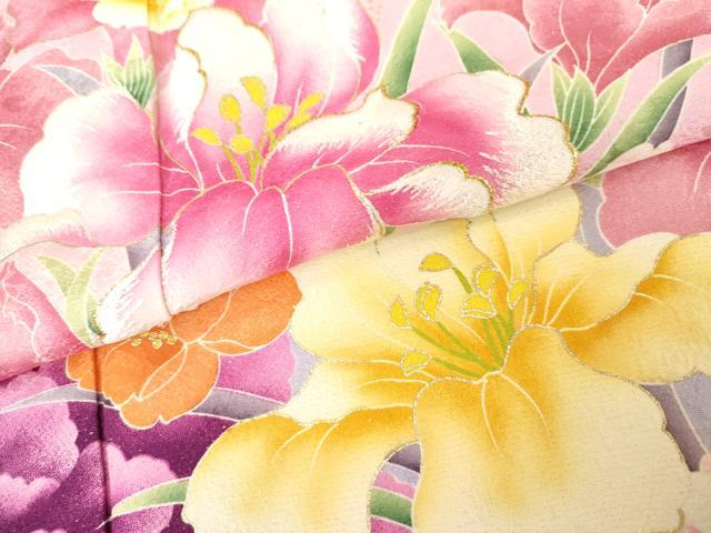 平和屋着物●Mami Seira Mika Syoko 訪問着　刺繍　草花文　暈し染め　金糸　金彩　暈し染め　金通し地　正絹　逸品　AABG6720cs