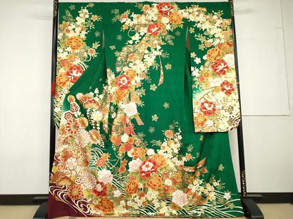 平和屋着物●豪華振袖　駒刺繍　花鼓檜扇吉祥文　金彩　正絹　逸品　AABG6716cs