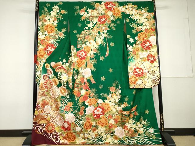 平和屋着物●豪華振袖　駒刺繍　花鼓檜扇吉祥文　金彩　正絹　逸品　AABG6716cs