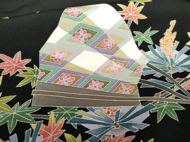 平和屋着物●本加賀友禅作家　高野富夫　黒留袖　扇面花松楓文　正絹　逸品　AABG6718cs