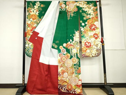 平和屋着物●豪華振袖　駒刺繍　花鼓檜扇吉祥文　金彩　正絹　逸品　AABG6716cs