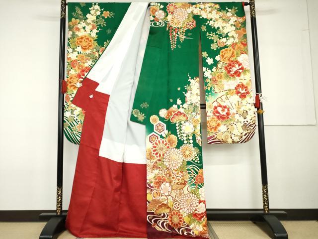 平和屋着物●豪華振袖　駒刺繍　花鼓檜扇吉祥文　金彩　正絹　逸品　AABG6716cs