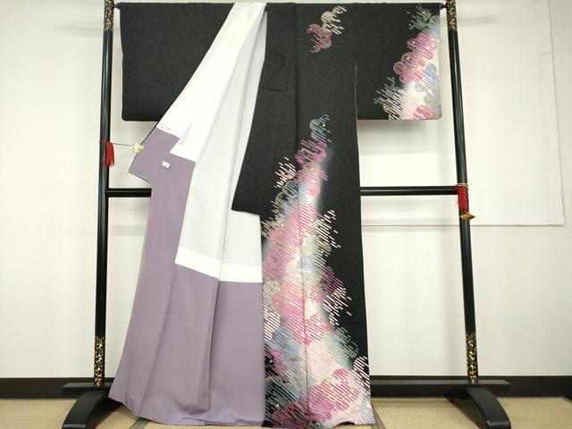 平和屋着物●訪問着　龍絞り　舞花文　暈し染め　黒地　金彩　銀通し地　正絹　逸品　AABG7803cs