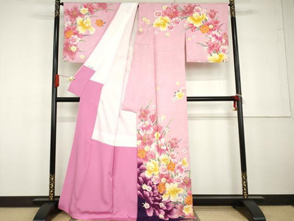 平和屋着物●Mami Seira Mika Syoko 訪問着　刺繍　草花文　暈し染め　金糸　金彩　暈し染め　金通し地　正絹　逸品　AABG6720cs