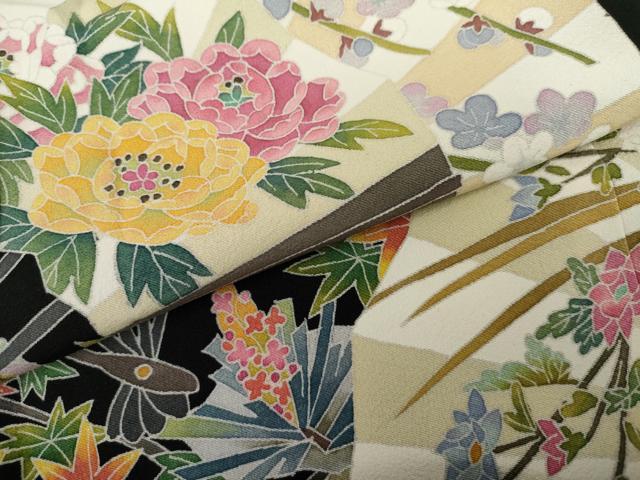 平和屋着物●本加賀友禅作家　高野富夫　黒留袖　扇面花松楓文　正絹　逸品　AABG6718cs