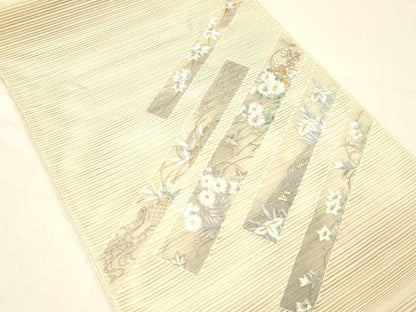 平和屋着物＊夏物 絽綴れ 八寸名古屋帯 刺繍 流水籬草花文 金銀糸 正絹 逸品 DABC8572cm