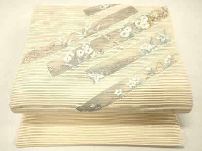 平和屋着物＊夏物 絽綴れ 八寸名古屋帯 刺繍 流水籬草花文 金銀糸 正絹 逸品 DABC8572cm