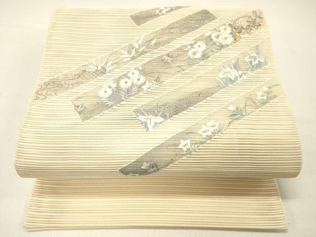 平和屋着物＊夏物 絽綴れ 八寸名古屋帯 刺繍 流水籬草花文 金銀糸 正絹 逸品 DABC8572cm