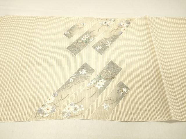 平和屋着物＊夏物 絽綴れ 八寸名古屋帯 刺繍 流水籬草花文 金銀糸 正絹 逸品 DABC8572cm