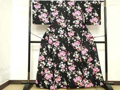 平和屋着物∴夏物 浴衣 枝垂れ桜 金魚 黒地 綿 逸品 DABD2617cd