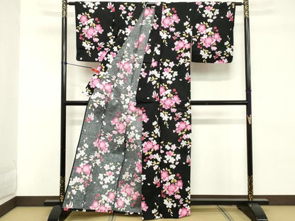 平和屋着物∴夏物 浴衣 枝垂れ桜 金魚 黒地 綿 逸品 DABD2617cd