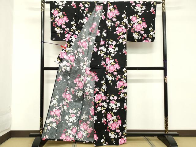 平和屋着物∴夏物 浴衣 枝垂れ桜 金魚 黒地 綿 逸品 DABD2617cd