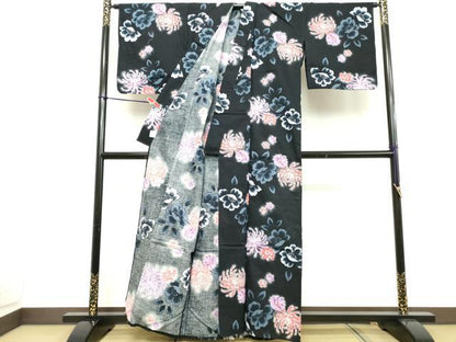 平和屋着物∴夏物 浴衣 乱菊 黒地 綿 逸品 DABD2636cd