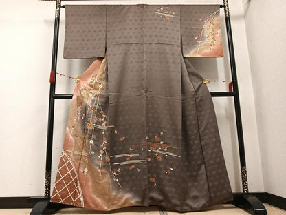 平和屋着物●訪問着　駒刺繍　花蝶文　暈し染め　金彩　正絹　逸品　AABG7341ph