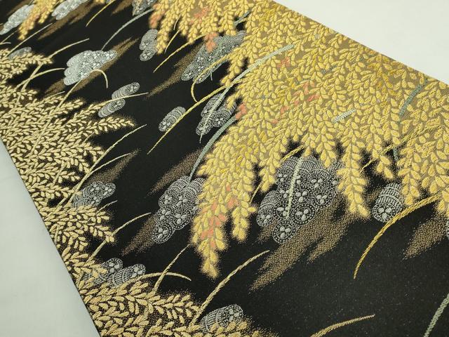 平和屋本店●極上 西陣 皇室 総理大臣献上作家 青木兄弟 六通柄袋帯 黄金織つづれ 米百俵物語 本金プラチナ 黒地 共箱付 逸品 DZAB5592kh6