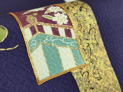平和屋本店●極上　人形作家・ホリヒロシ　太鼓柄　京袋帯　駒刺繍　短冊花文　鉄紺色地　金彩　共箱付き　逸品　DZAB5594kh6