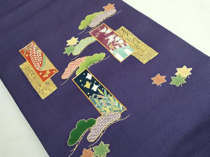 平和屋本店●極上　人形作家・ホリヒロシ　太鼓柄　京袋帯　駒刺繍　短冊花文　鉄紺色地　金彩　共箱付き　逸品　DZAB5594kh6