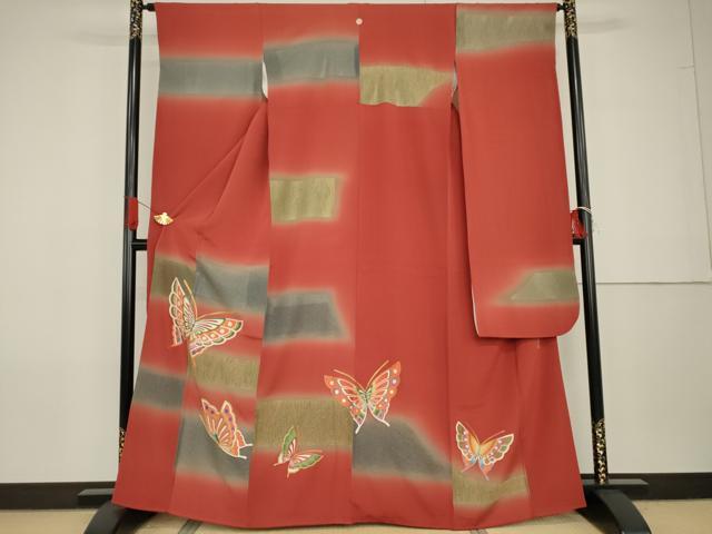 平和屋着物●総刺繍　振袖　舞蝶文　暈し染め　金糸　正絹　逸品　AABG7882cs