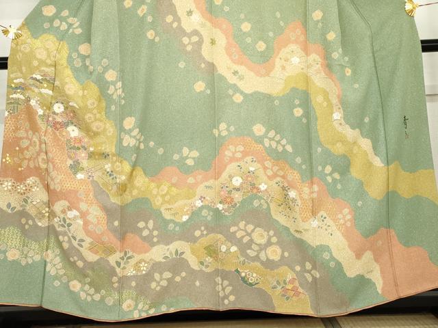 平和屋着物●京友禅の第一人者　松井青々　訪問着　辻が花　駒刺繍　金彩　正絹　逸品　AABG7897cs