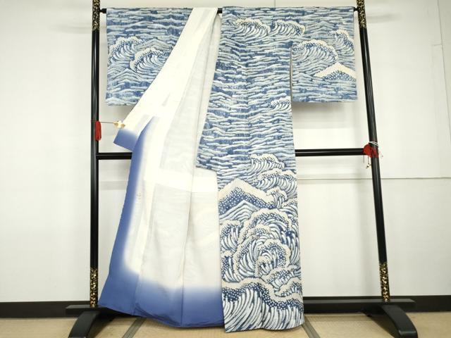 平和屋着物●訪問着　総絞り　立波文　暈し染め　正絹　逸品　AABG7893cs