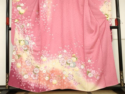 平和屋着物●豪華振袖　刺繍　雪輪舞花文　暈し染め　金糸　金彩　銀通し地　正絹　逸品　AABG7884cs