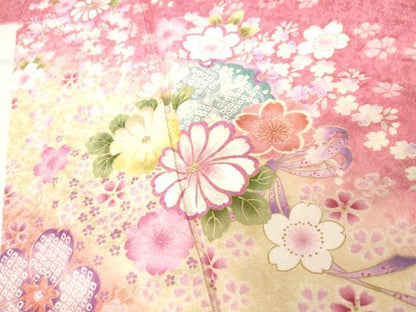 平和屋着物●豪華振袖　刺繍　雪輪舞花文　暈し染め　金糸　金彩　銀通し地　正絹　逸品　AABG7884cs