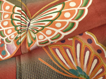 平和屋着物●総刺繍　振袖　舞蝶文　暈し染め　金糸　正絹　逸品　AABG7882cs