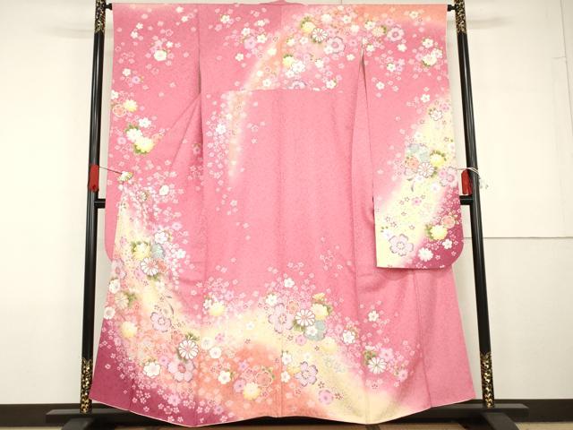平和屋着物●豪華振袖　刺繍　雪輪舞花文　暈し染め　金糸　金彩　銀通し地　正絹　逸品　AABG7884cs
