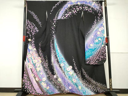 平和屋着物●豪華振袖　辻が花　暈し染め　黒地　金彩　鈴乃屋扱い　正絹　逸品　AABG7894cs