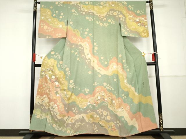 平和屋着物●京友禅の第一人者　松井青々　訪問着　辻が花　駒刺繍　金彩　正絹　逸品　AABG7897cs