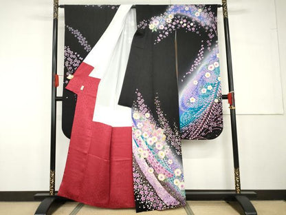 平和屋着物●豪華振袖　辻が花　暈し染め　黒地　金彩　鈴乃屋扱い　正絹　逸品　AABG7894cs
