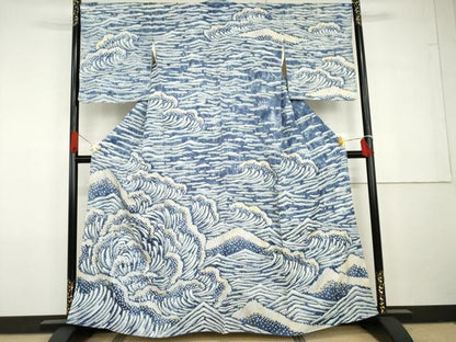 平和屋着物●訪問着　総絞り　立波文　暈し染め　正絹　逸品　AABG7893cs
