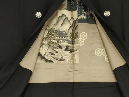 平和屋着物●男性　黒紋付・羽織セット　正絹　逸品　AABG7912cs