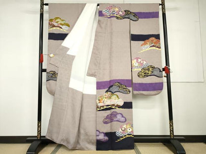 平和屋着物●豪華振袖　友禅　絞り　花鳥松文　金彩　正絹　逸品　AABG7922cs