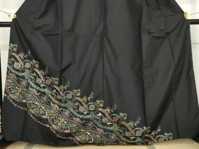 平和屋着物●総刺繍　訪問着　紬地　中国三大刺繍　スワトウ刺繍　汕頭刺繍　相良刺繍　吉祥花唐草文　黒地　金糸　正絹　逸品　AABG7918cs