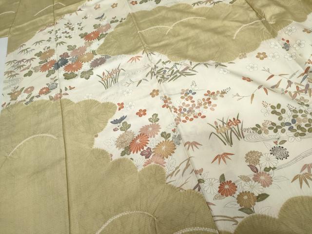 平和屋着物●訪問着　紬地　絞り　流水草花文　正絹　逸品　AABG7908cs