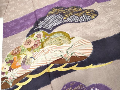 平和屋着物●豪華振袖　友禅　絞り　花鳥松文　金彩　正絹　逸品　AABG7922cs