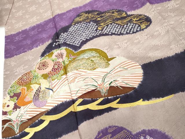 平和屋着物●豪華振袖　友禅　絞り　花鳥松文　金彩　正絹　逸品　AABG7922cs