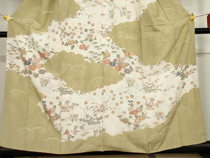 平和屋着物●訪問着　紬地　絞り　流水草花文　正絹　逸品　AABG7908cs