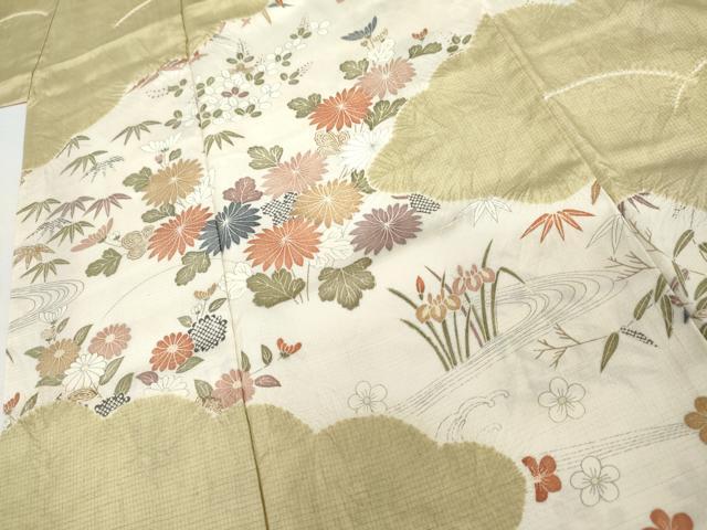 平和屋着物●訪問着　紬地　絞り　流水草花文　正絹　逸品　AABG7908cs