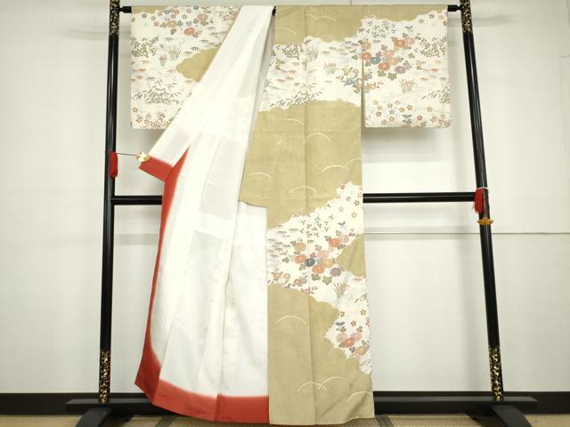 平和屋着物●訪問着　紬地　絞り　流水草花文　正絹　逸品　AABG7908cs