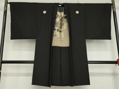 平和屋着物●男性　黒紋付・羽織セット　正絹　逸品　AABG7912cs