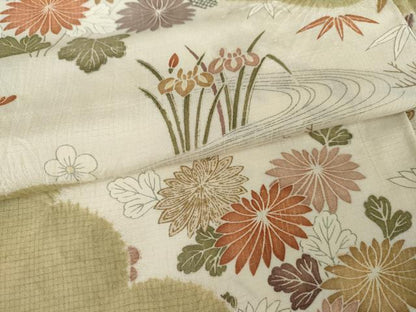 平和屋着物●訪問着　紬地　絞り　流水草花文　正絹　逸品　AABG7908cs