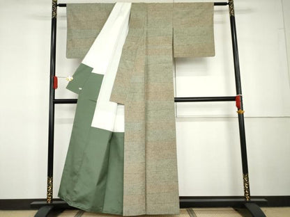 平和屋着物●伝統工芸品　伊那紬　手織り　変わり横段文　さが美扱い　証紙付き　正絹　逸品　AABG7924cs