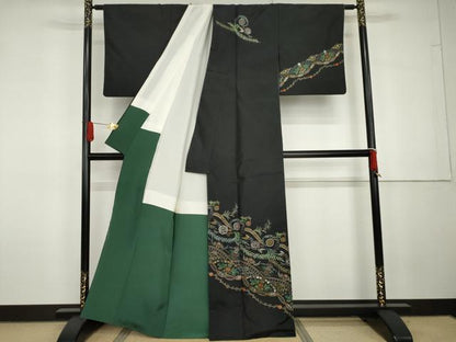 平和屋着物●総刺繍　訪問着　紬地　中国三大刺繍　スワトウ刺繍　汕頭刺繍　相良刺繍　吉祥花唐草文　黒地　金糸　正絹　逸品　AABG7918cs