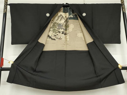 平和屋着物●男性　黒紋付・羽織セット　正絹　逸品　AABG7912cs