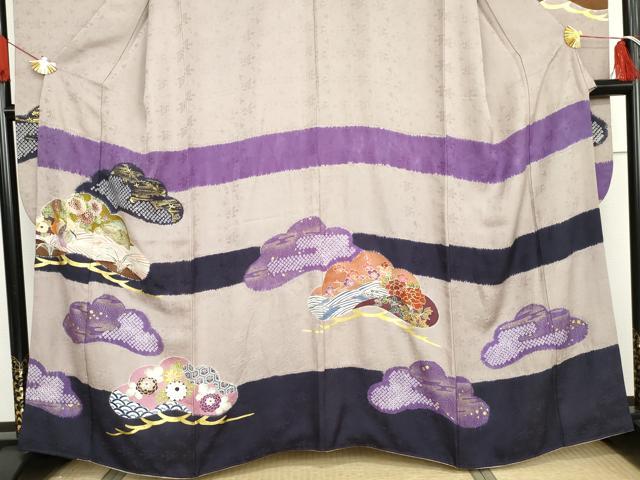 平和屋着物●豪華振袖　友禅　絞り　花鳥松文　金彩　正絹　逸品　AABG7922cs
