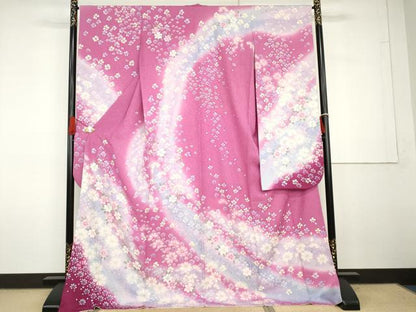 平和屋着物●豪華振袖　舞花文　暈し染め　銀糸　新通し地　ロング丈　正絹　逸品　AABG7923cs